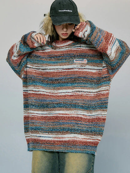 saferido Striped Knitted Sweater Coat Men Japanese Y2K Oversize Casual Autumn Winter Loose O-neck Pullovers for Man Streetwear