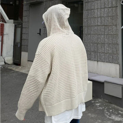 saferido Vintage Knit Mesh Coat for Men Hole Hooded Cardigan Long Sleeve Tee Male Casual Autumn Japanese Streetwear Hip Hop