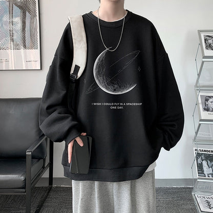 Winter Warm Sweatshirts New Men Simple Stroke Moon Graphic Pullovers Oversized Korean Style Man Letter Print O Neck Tops
