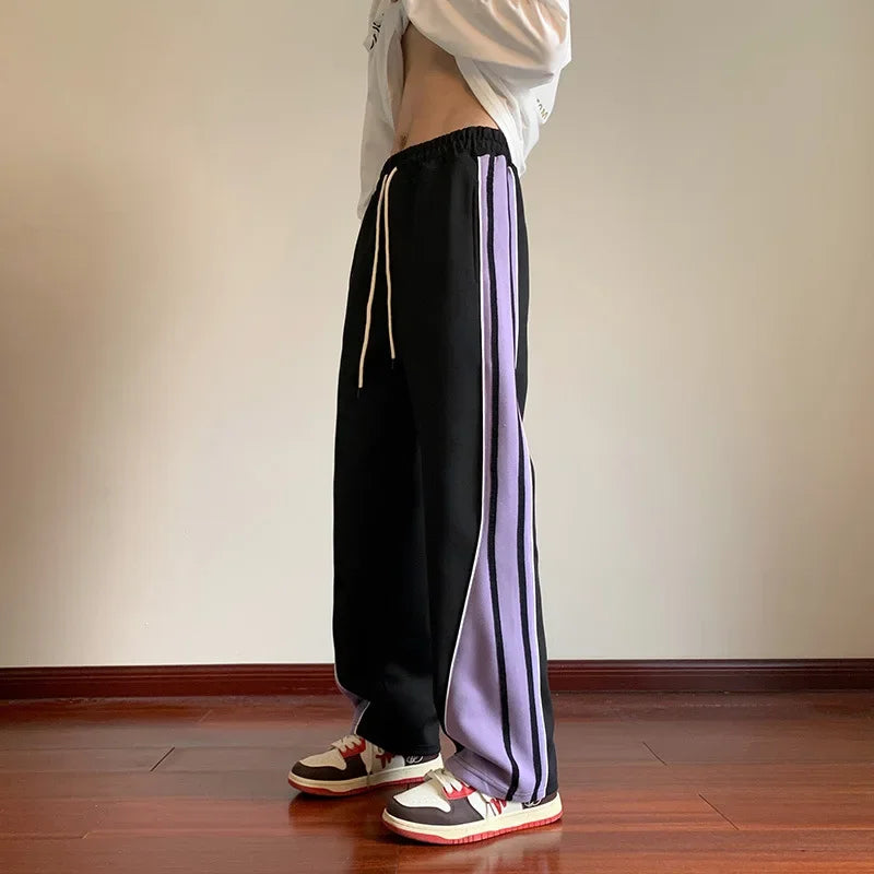 saferido Japanese Retro Casual Pants Men's Fitting Straight Leg Pants College Style Wide Striped Patchwork Drawstring Sweatpants Autumn