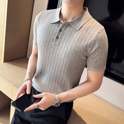 saferido British Style Men's Summer Casual Short-sleeved POLO Shirt/Male Slim Fit High Quality Wavy Striped Knitted Polo Shirt S-3XL