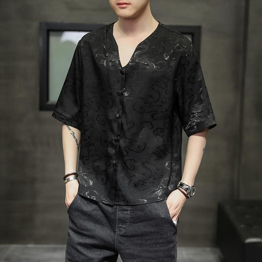 Fashion Casual Spring Summer Thin Loose Temperament Man Simplicity Shirts Handsome Men's Clothing Short Sleeve Button V-neck