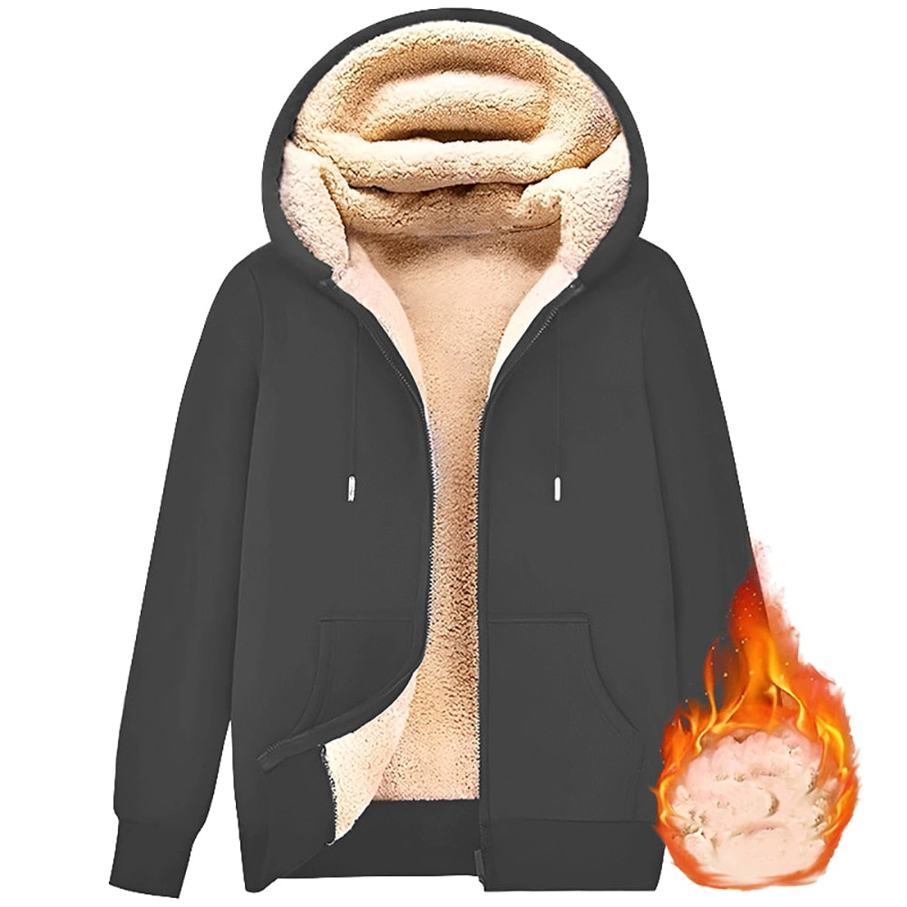 Trendy Sweatshirt Coat Front Pockets Warm Zipper Lamb Wool Jacket  Men and Woman Winter Pure Color Plush Lined Cardigan Hoodie