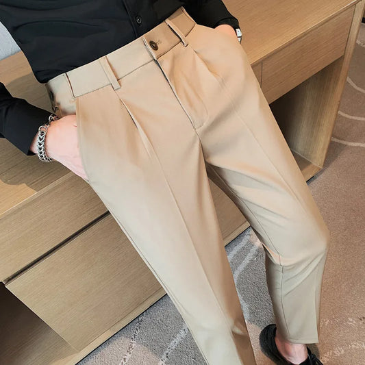 saferido British Style Men High Waist Casual Business Dress Pants Streetwear New Fashion Social Belt Decoration Slim Fit Suit Pants