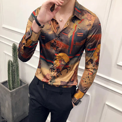 saferido British Style Men's Business Casual Shirts/Male Slim Fit Printing Leisure Long Sleeve Shirts Tops Plus Size S-4XL