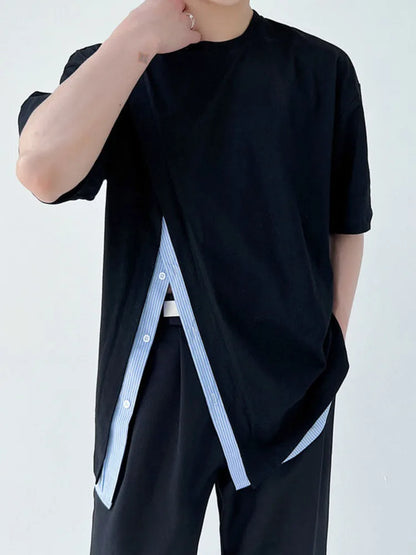 Men Clothing Summer Short Sleeve Slit Patchwork T-shirt Korean Fashion Loose Streetwear T Shirt Tops For Male