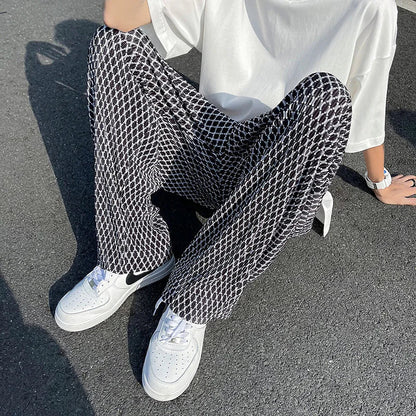 saferido Summer Ice Silk Pants Men Oversized Retro Plaid Pants Men Japanese Streetwear Loose Wide Leg Pants Mens Pleated Trousers M-5XL