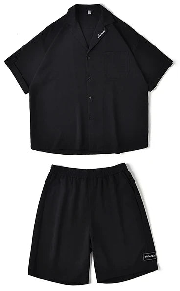 Men's Sets Summer Handsome Notched Collar Half Length Sleeve Shirts Knee  Solid Elastic Waist Shorts Korean Style Fashion