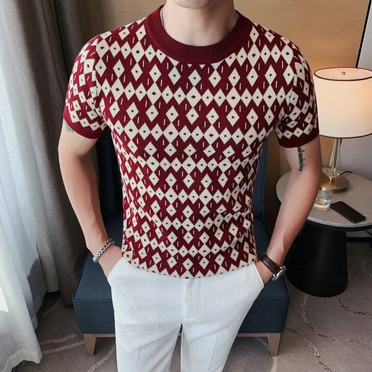 saferido  Korean Style High Quality For Men Plaid Short Seeve Knit Sweater/Male Slim Fit Fahion O-Neck Set head Knit Sweaters Homme