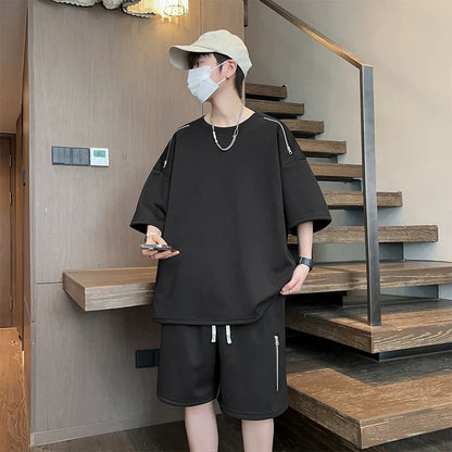 saferido Oversized Tracksuit Men New Korean High Street Fashion Zipper Design T-shirt Shorts Two Pieces Sets Mens Streetwear Men Clothes