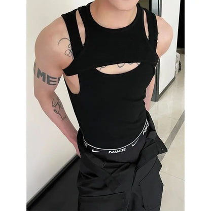 saferido American Style New Tops Sexy Hollow Fake Two Pieces Men's Clothing Summer Hollow Out Fashion Slim Bodybuilding Tank Tops
