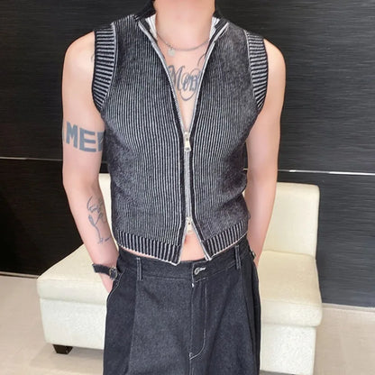 saferido Knitted Vest Men's Stand Collar Handsome Sweater Vest Korean Streetwear Male Clothing 2024 Spring Summer Fashion New