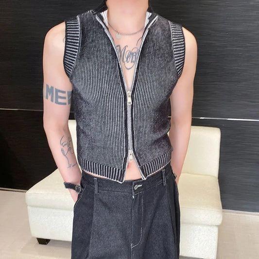 saferido Knitted Vest Men's Stand Collar Handsome Sweater Vest Korean Streetwear Male Clothing 2024 Spring Summer Fashion New