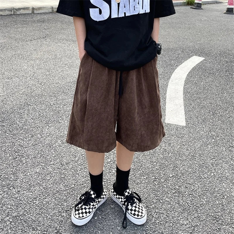 saferido Brown Corduroy Shorts Oversized Baggy Five Point Trousers Summer Korean Fashion Wide Leg  Ins Hip Hop Bottoms Men