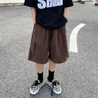 saferido Brown Corduroy Shorts Oversized Baggy Five Point Trousers Summer Korean Fashion Wide Leg  Ins Hip Hop Bottoms Men
