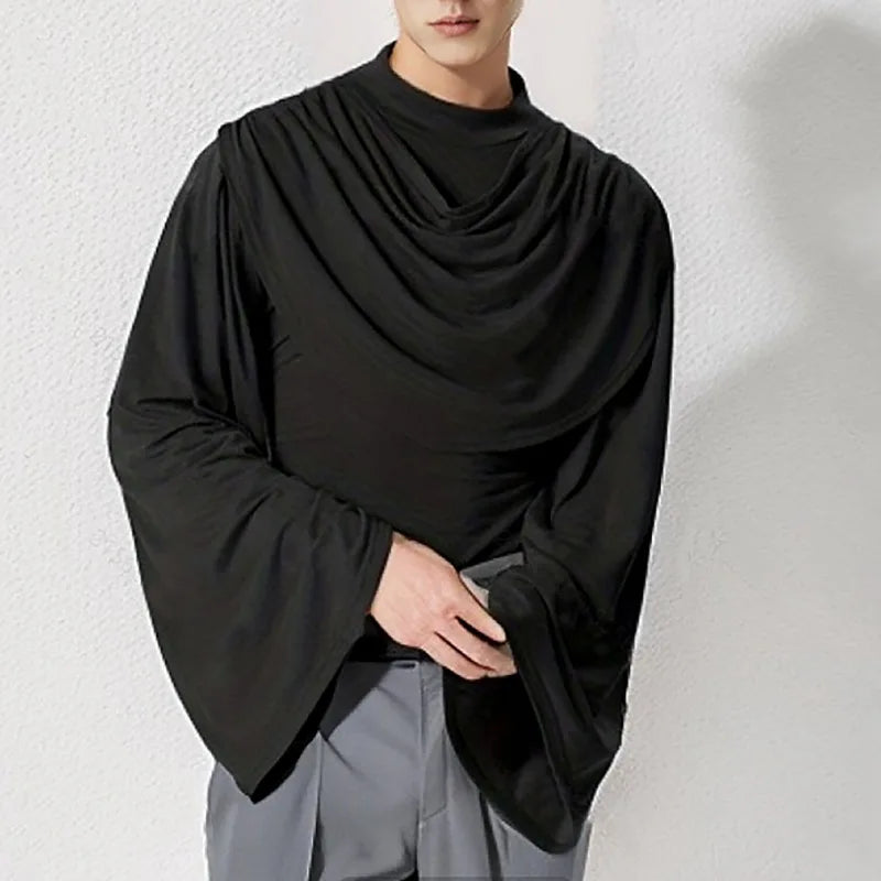 saferido American Style New Men's Layered Design Swing Collar T Shirts Retro Streetwear Leisure Solid Long Sleeved Irregular Blouse S-2XL