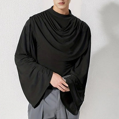 saferido American Style New Men's Layered Design Swing Collar T Shirts Retro Streetwear Leisure Solid Long Sleeved Irregular Blouse S-2XL