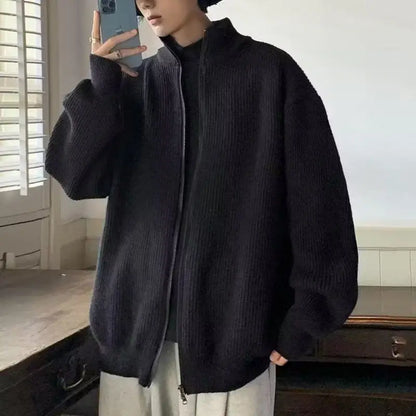 Y2K Knitted Cardigan Sweater Men Blue Long Sleeve Jumpers Jacket Turtleneck Patchwork Zipper Coat Male Korean Clothes