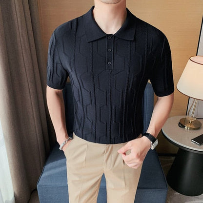 Brand Summer Polo Shirts Men Short Sleeve T-shirt British Knit Polos Casual Stripe Fashion Poloshirts Ice Silk Fabric Tops