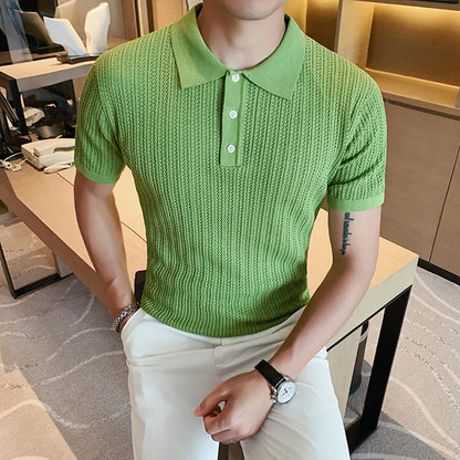 saferido  British Style POLO Shirts Men Knitting Short Sleeve Shirts Solid Color Lapel Business Casual Top Summer Social Clothing 3XL