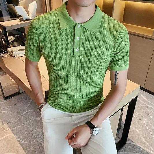 saferido  British Style POLO Shirts Men Knitting Short Sleeve Shirts Solid Color Lapel Business Casual Top Summer Social Clothing 3XL