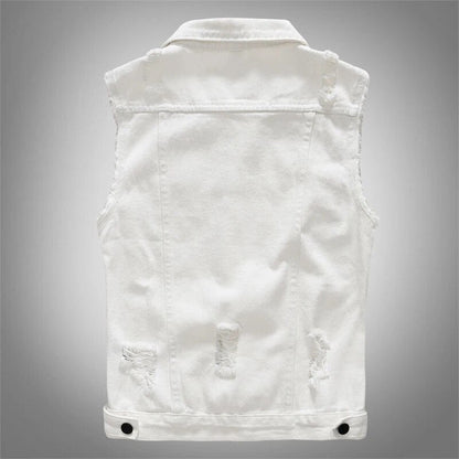 New Vintage Design Mens Denim Vests Retor Sleeveless Jackets Men Ripped Hole Jean Waistcoats Clothing jaqueta masculina