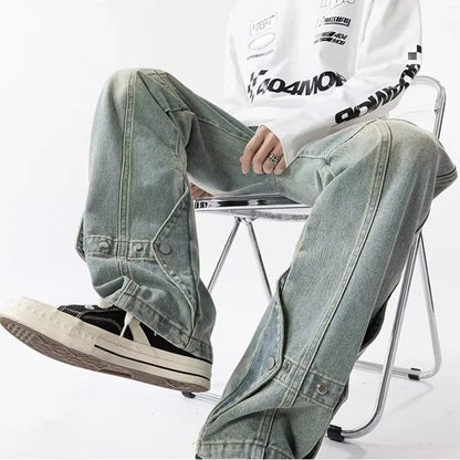 saferido Trendy Vintage Straight-leg Jeans Men's Fall/winter Style American Vibe Patchwork Pants Slim Fit Bootcut Bottoms For Men