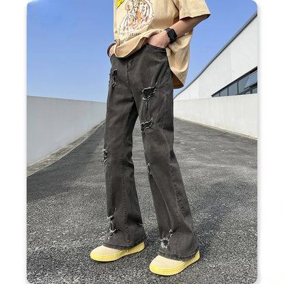 saferido American High Street Vibe Micro Flared Pants Men Stretch Ripped Jeans Loose Fashion Straight Streetwear Fall Guys Black Jean Men