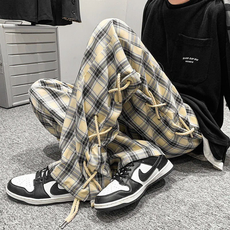 saferido Casual Straight Wide Leg Pants Breathable High Street Trend Loose Casual Cargo Pants Plaid Black Rope Decorative Trousers Spring