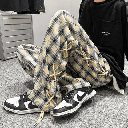 saferido Casual Straight Wide Leg Pants Breathable High Street Trend Loose Casual Cargo Pants Plaid Black Rope Decorative Trousers Spring