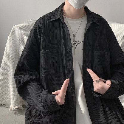 saferido Spring Black White Pleated Shiert Men Fashion Oversized Casual Shirt Men Korean Loose Pocket Long Sleeve Shirts Mens Dress Shirt