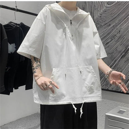 saferido Men's Summer Hoodies Casual T-shirt Solid Color Harajuku Style Hooded Tshirts Male Loose Pullovers