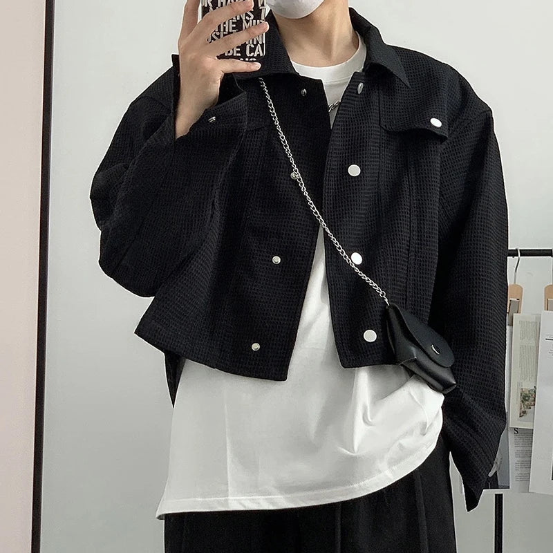Spring Clothing Men's Leisure Short Jacket Streetwear Solid Color Button-down Collar Korean Harajuku Long Sleeve Luxury Coats