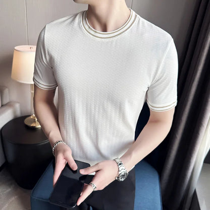 saferido British style Men's summer casual short sleeves Jacquard ice silk T-shirt/Male slim fit Round neck fashion T-shirts S-4XL