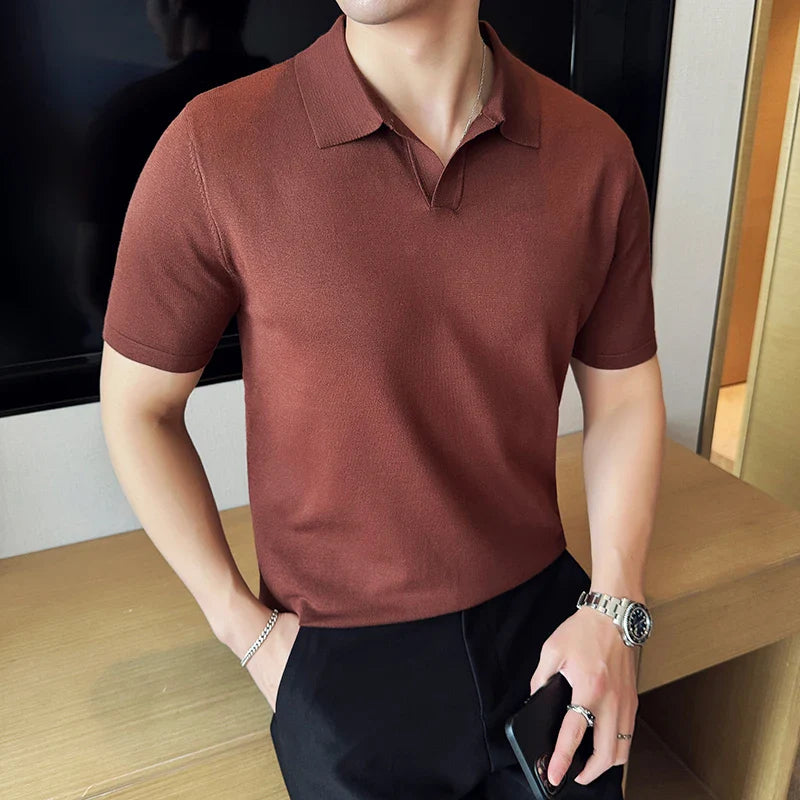High Elasticity Men Short Sleeved Polo Shirt Summer Ice Silk Light Thin Solid Casual Lapel Knitted T-shirt Men Clothing