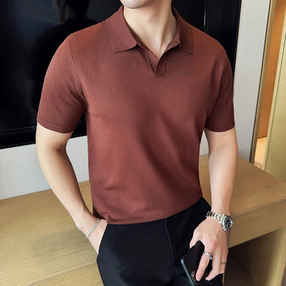 High Elasticity Men Short Sleeved Polo Shirt Summer Ice Silk Light Thin Solid Casual Lapel Knitted T-shirt Men Clothing
