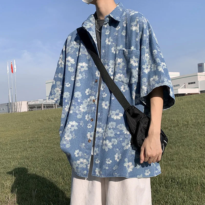 Men Denim Shirts Floral Printed Summer Button Lapel Tops Short Sleeve Blouses Soft Cotton Loose Male Hawaiian Beach Shirts