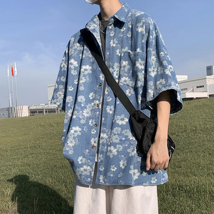 Men Denim Shirts Floral Printed Summer Button Lapel Tops Short Sleeve Blouses Soft Cotton Loose Male Hawaiian Beach Shirts