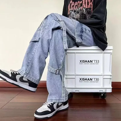 saferido American Stylevibe Black Trendy Straight-leg Slim Fit Jeans For Men Comfortable Loose Fit Drawstring Pants