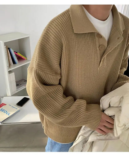 saferido Spring Autumn Fashion Men's Cool Boys Casual Loose Lapel Tess Knitted Pullover Polot Hoodie Sweater Soft Buckle Warm