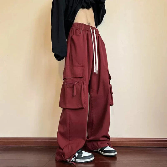 saferido Y2K Red Cargo Pants for Men Harajuku Black Trousers Male Streetwear Hip Hop Pocket Loose Casual American Safari Style