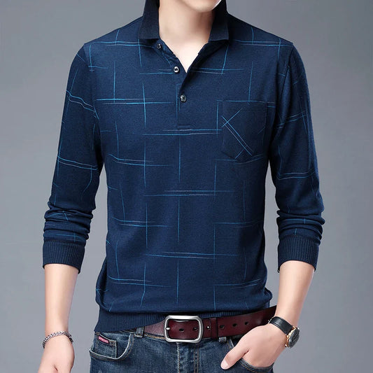 saferido Spring Autumn Polo Shirt Men Long Sleeve Business Causal Patch Designs Mens Turn Down Collar Polo Shirt Cotton Breathable Tees
