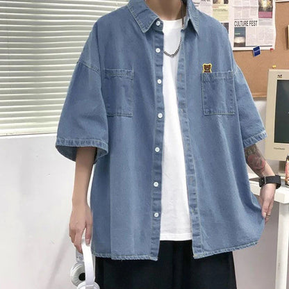 saferido Turn-down Collar Loose Man Shirts Handsome Short Sleeve Button Pockets Solid Korean Fashion Casual Spring Summer Men's Clothing