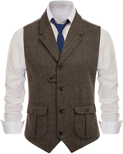 Herringbone Men's Vests Casual Suit Vest Notch Lapel with Two Pockets Herringbone Waistcoat for Wedding Groomsmen  Men Vest