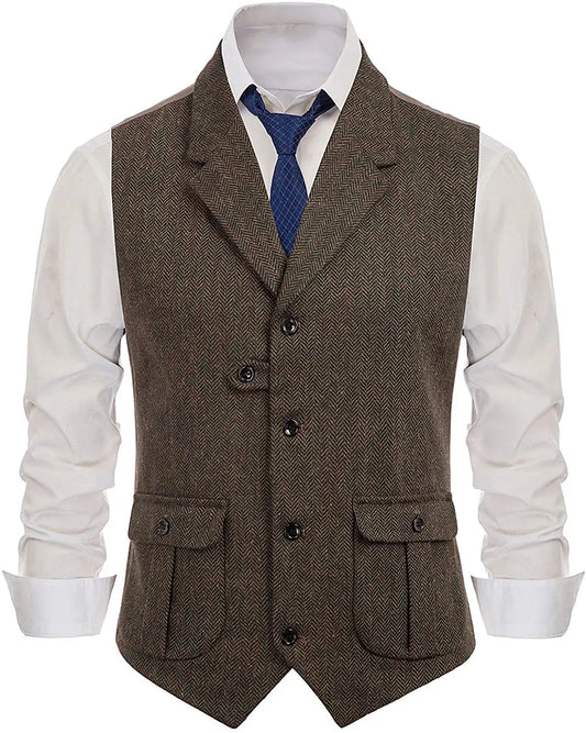 Herringbone Men's Vests Casual Suit Vest Notch Lapel with Two Pockets Herringbone Waistcoat for Wedding Groomsmen  Men Vest
