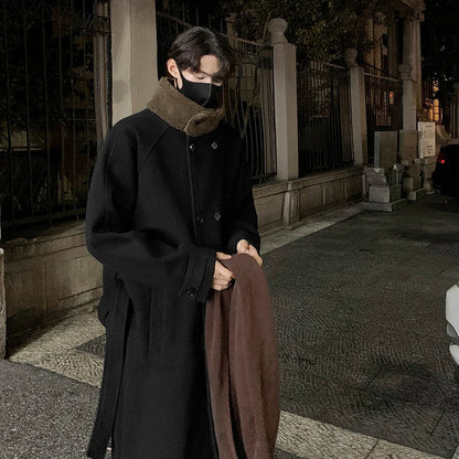 saferido Men's Lamb wool Patchwork Woolen Overcoat Men High-end Stand Collar Casual Loose Korean Style Winter New Elegant Trench Coat
