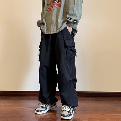 Men Solid Cargo Pants Harajuku Hip Hop Elastic Waist Loose Trousers Streetwear Male Casual Pockets Drawstring Baggy Pants
