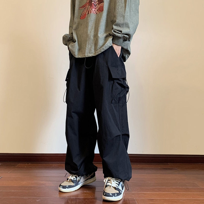Men Solid Cargo Pants Harajuku Hip Hop Elastic Waist Loose Trousers Streetwear Male Casual Pockets Drawstring Baggy Pants