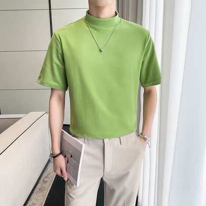 7Colors Solid Turtleneck Short Sleeve T-Shirts For Men Clothing Simple All Match Comfortable Casual Tee Shirt Homme Sale