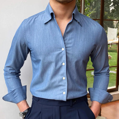 saferido British Style Casual All-match Solid Color Summer Shirt Trendy Denim Blue Business Formal Dress Shirt Long Sleeve Shirt Men